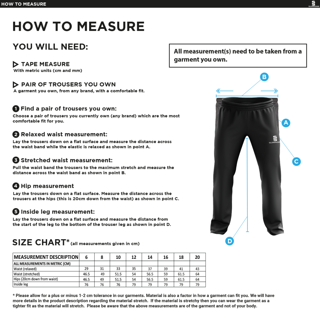 MAORI OXSHOTT CC Classic Tracksuit Pant 3/4 Zip Length Navy Female - Size Guide