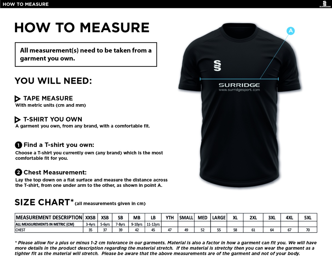 Maori Oxshott CC - Blade Training Shirt - Size Guide