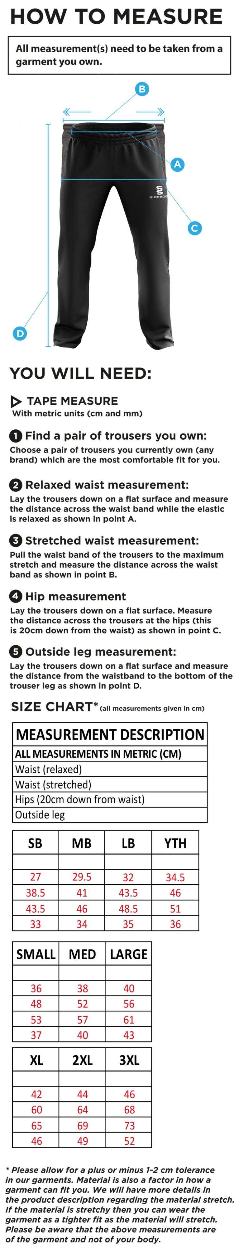 MAORI OXSHOTT CC Rip Stop Track Pant : Navy - Size Guide