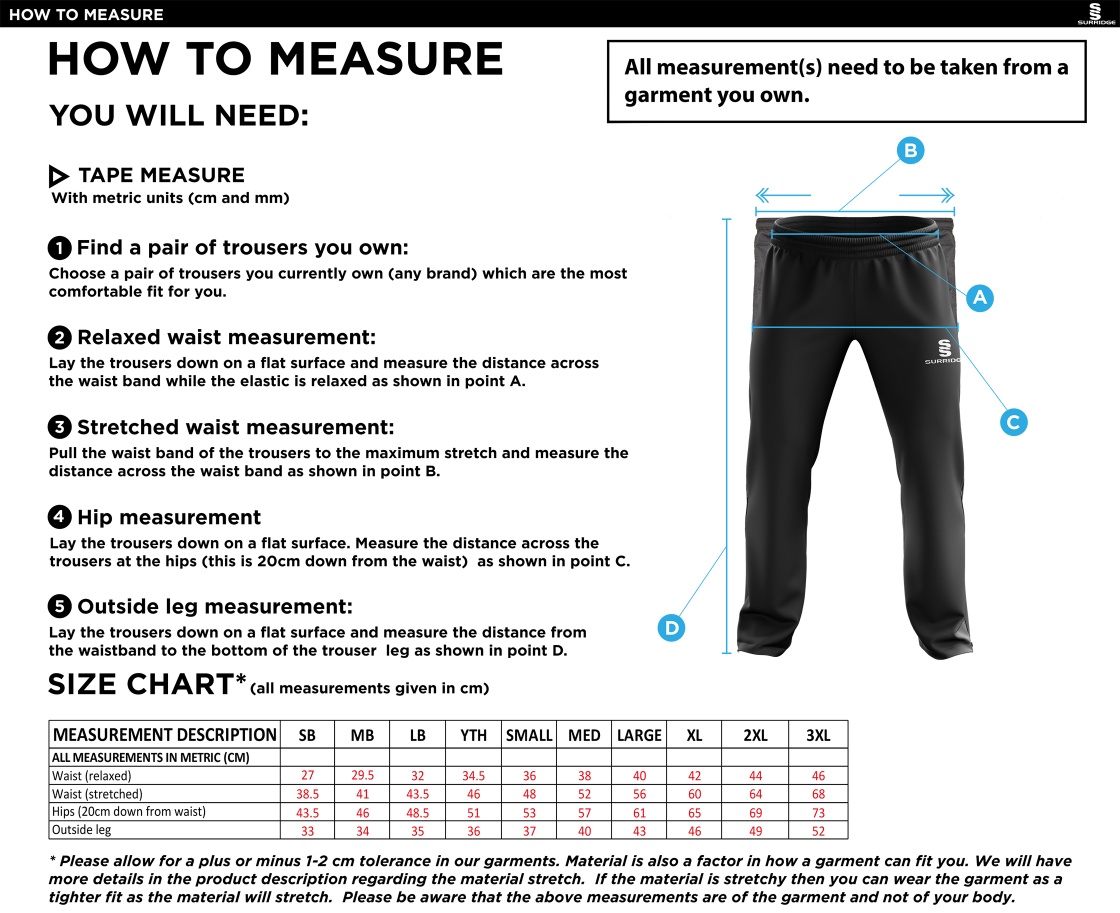 MAORI OXSHOTT CC Rip Stop Track Pant : Navy - Size Guide