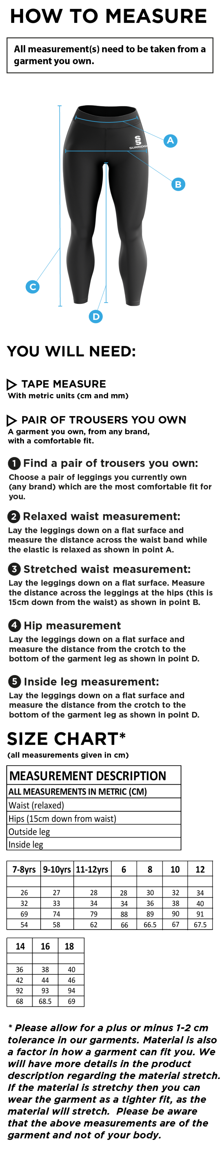 Maori Oxshott CC - Performance Full Length Leggings - Size Guide