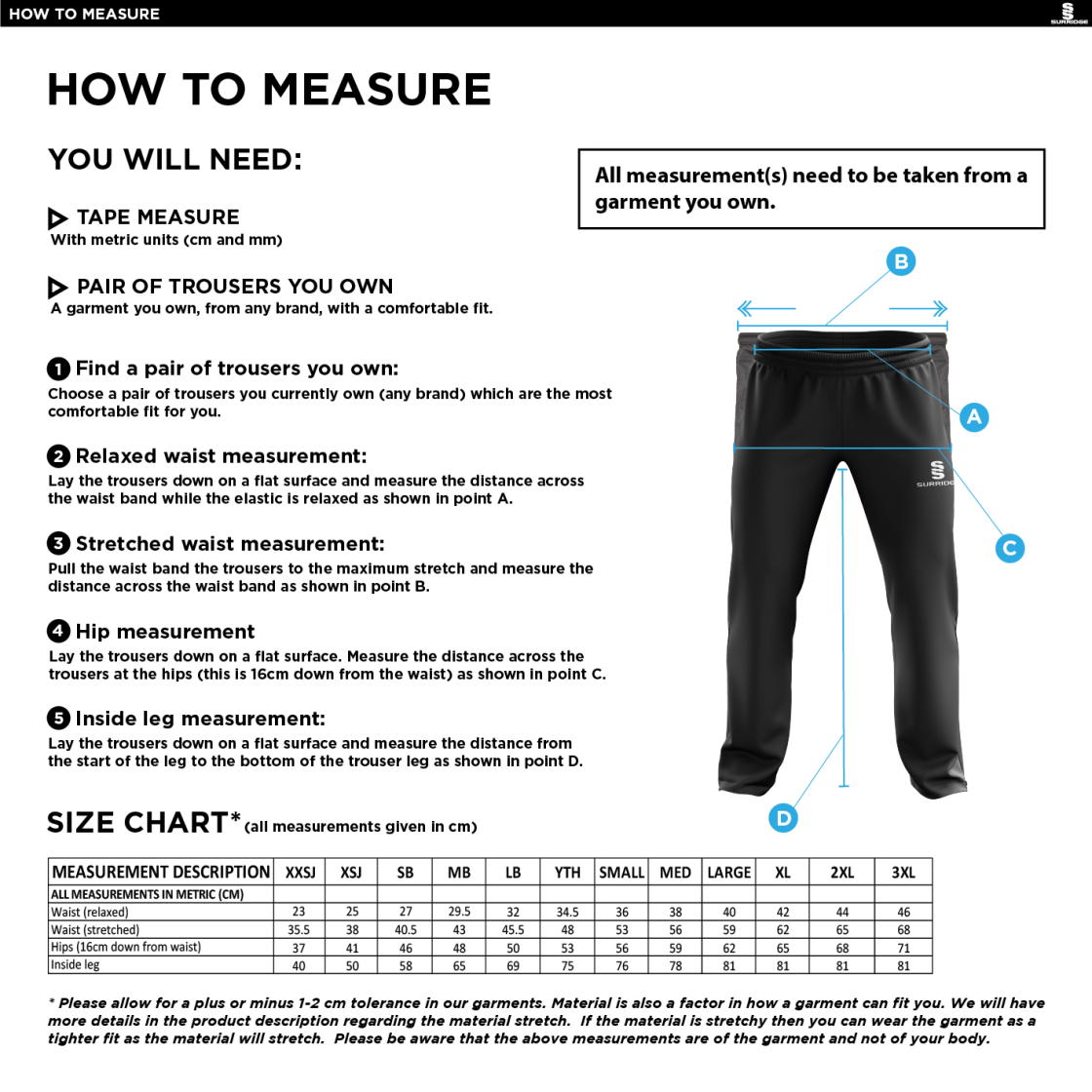 MAORI OXSHOTT CC Classic Tracksuit Pant 3/4 Zip Length Navy Mens - Size Guide
