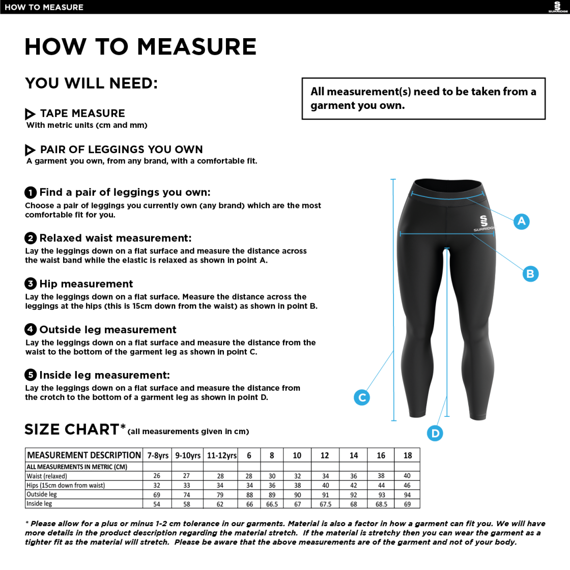 Maori Oxshott CC - Performance Full Length Leggings - Size Guide