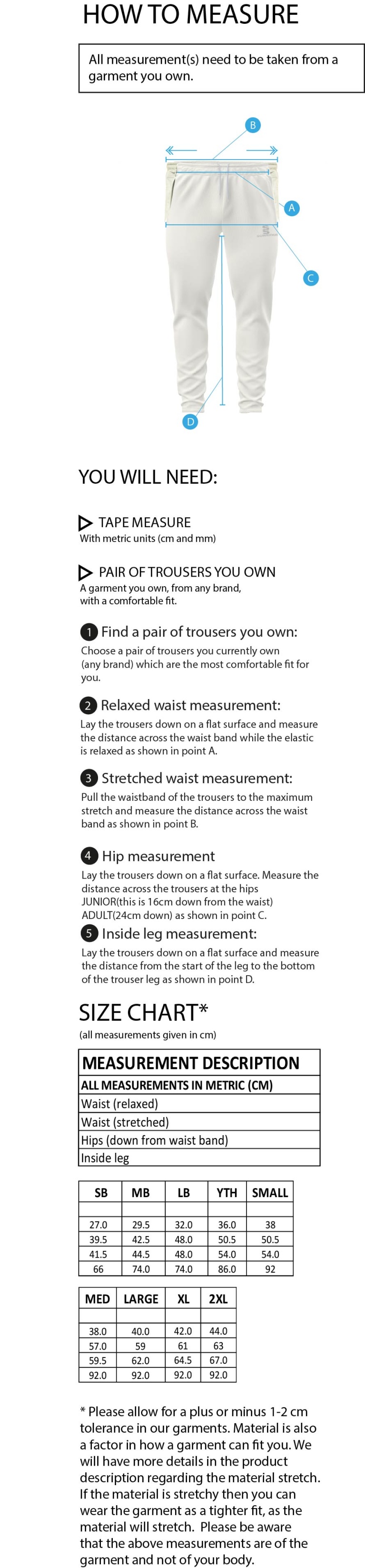 Maori Oxshott CC - Tek Playing Pant - Size Guide