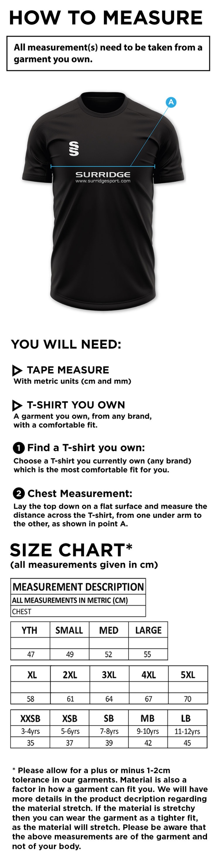 Maori Oxshott CC - Blade Training Shirt - Size Guide